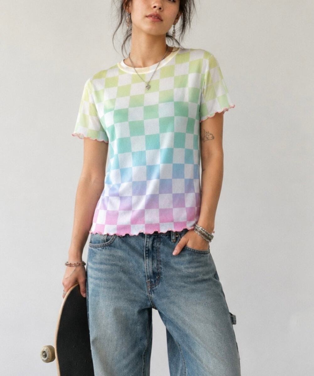 Ragstock Sheer Pastel Checkerboard Mesh Baby Tee Y2K Fairy Skater festival M